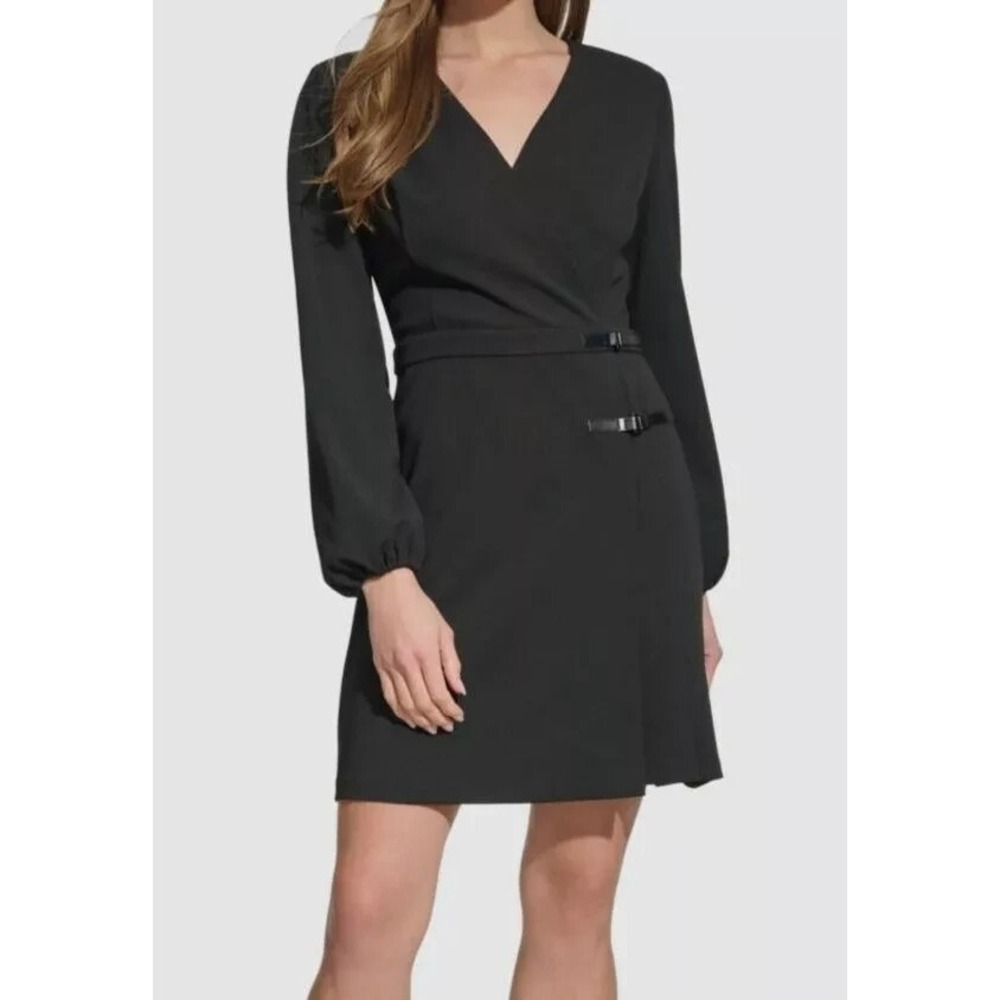 NWT DKNY Women's Black Pleated Scuba Crepe V Neck Lined Surplice Dress Size 12